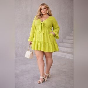 Eloquii Tie-Front Flounce Mini Dress Chartreuse Green Plus Size 22/2X